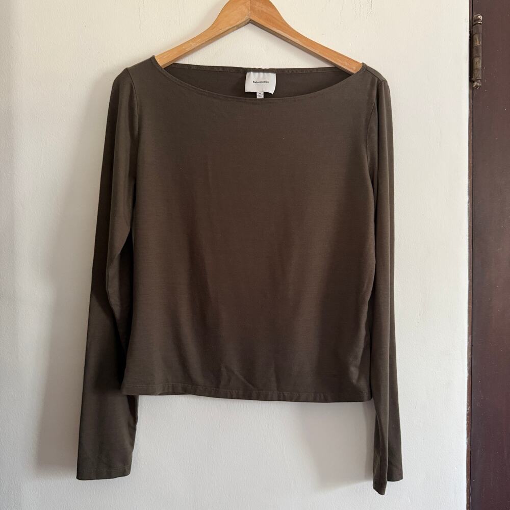 REFORMATION |  Wiley Knit Long Sleeve Boat Neck Tee Pine Tree Brown Green | XL